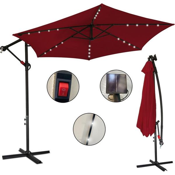 Tolletour Ombrellone Rosso Led Solare Ø350Cm Ombrellone Semaforo Ombrellone Giardino Ombrellone Mercato Ombrellone A Manovella Balcone Alluminio Inclinabile-image