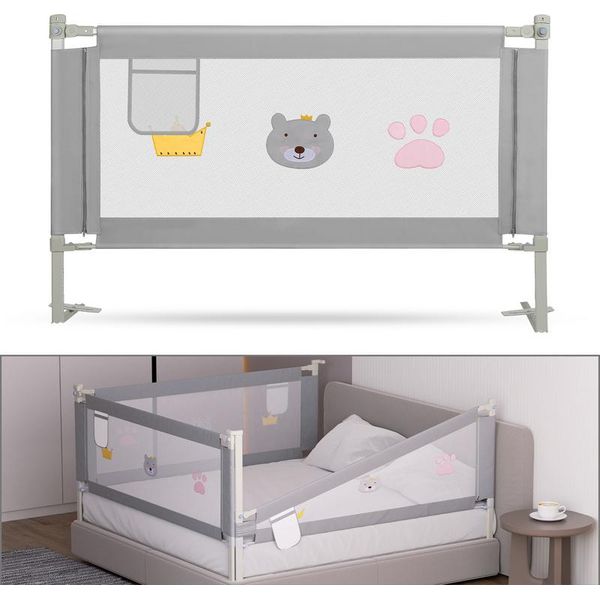 Fiqops 200Cm Protezione Letto Bambini Protezione Letto Regolabile In Altezza Protezione Anticaduta Per Bambini Protezione Letto Con Rete Arieggiata, Per Letto Famiglia E Lettino Grigio-image