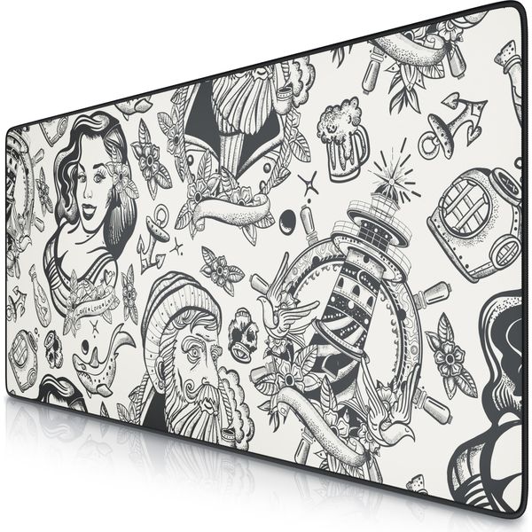 Tappetino Per Mouse Titanwolf Xxl Speed Gaming Pad Titanwolf Black 900 X 400 Mm, Tappetino Per Mouse Xxl, Tappetino Da Tavolo Di Grandi Dimensioni, Migliora La Precisione E La Velocità, Sailor Tattoo-image