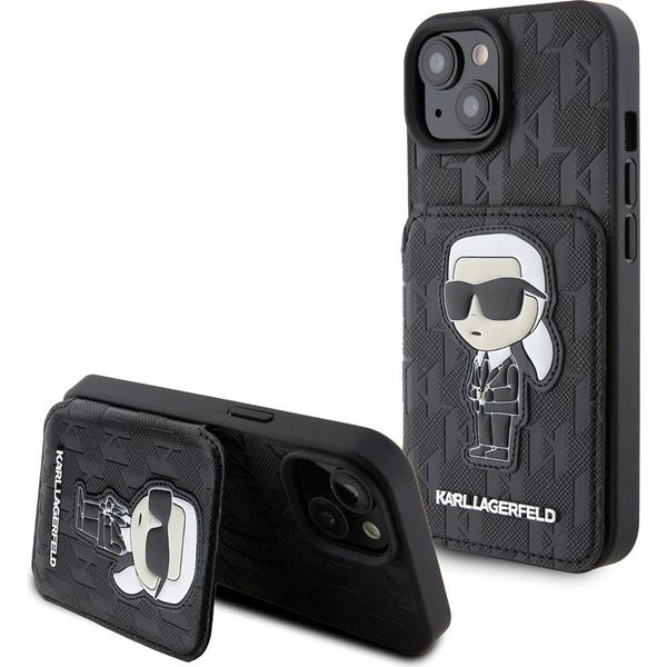 Karl Lagerfeld Klhcp15Ssakknsck Custodia Rigida Per Iphone 15 / 14 / 13 6.1 Czarny/Nero Saffiano Cardslots E Stand Monogram Ikonik Patch-image