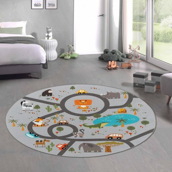 Tappeto Per Bambini Safari / Gioco Di Strada Grigio Dimensioni - 160 Cm Rotondo-image