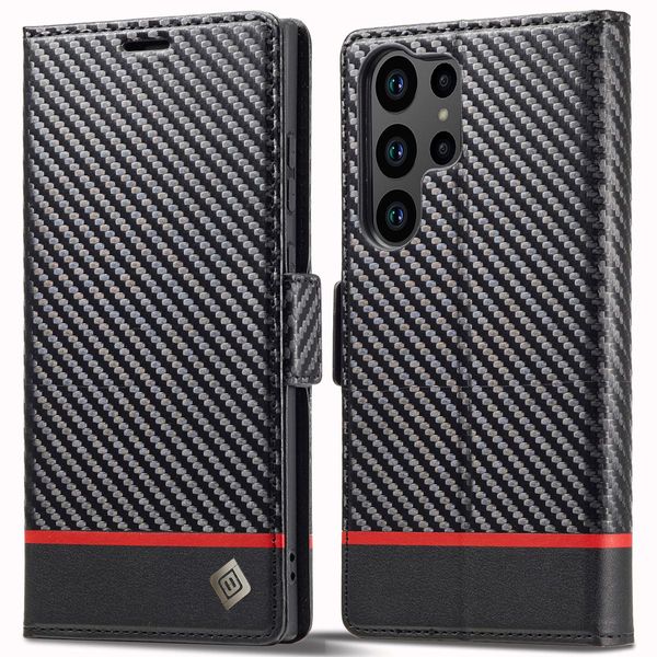 Custodia Per Samsung Galaxy S25 Ultra Carbon Leather Case Con Portacarte, Magnete E Supporto Nero Orizzontale Rosso-image