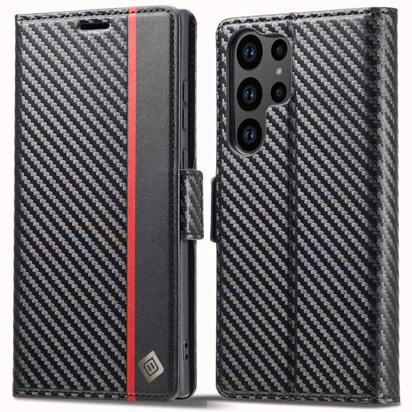 Custodia Per Samsung Galaxy S23 Ultra Carbon Leather Case Con Portacarte, Magnete E Supporto Nero Verticale Rosso-image
