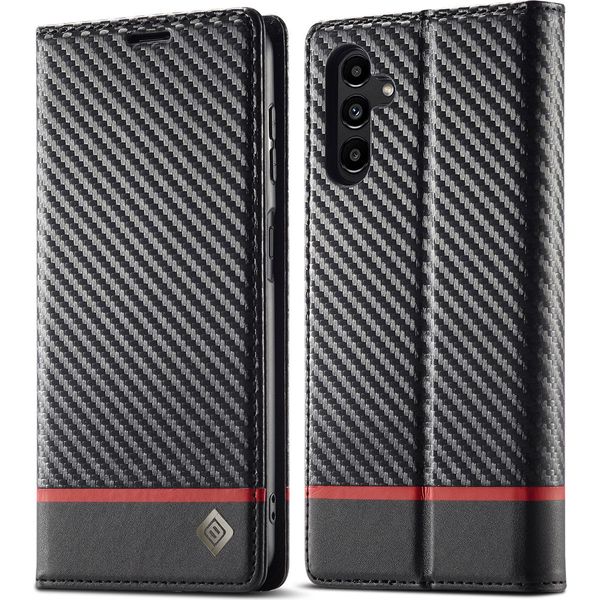 Custodia Per Samsung Galaxy A34 5G In Pelle Di Carbonio Con Portacarte, Magnete E Supporto Nero Orizzontale Rosso-image