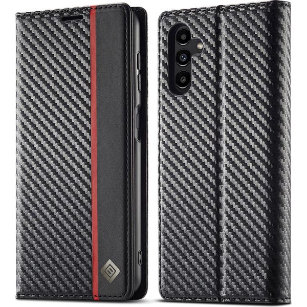 Custodia Per Samsung Galaxy A15 Custodia In Pelle Di Carbonio Con Portacarte, Magnete E Supporto Nero Rosso Verticale-image