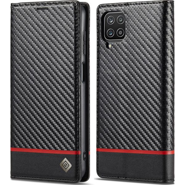 Custodia Per Samsung Galaxy A12 5G In Pelle Di Carbonio Con Portacarte, Magnete E Supporto Nero Orizzontale Rosso-image