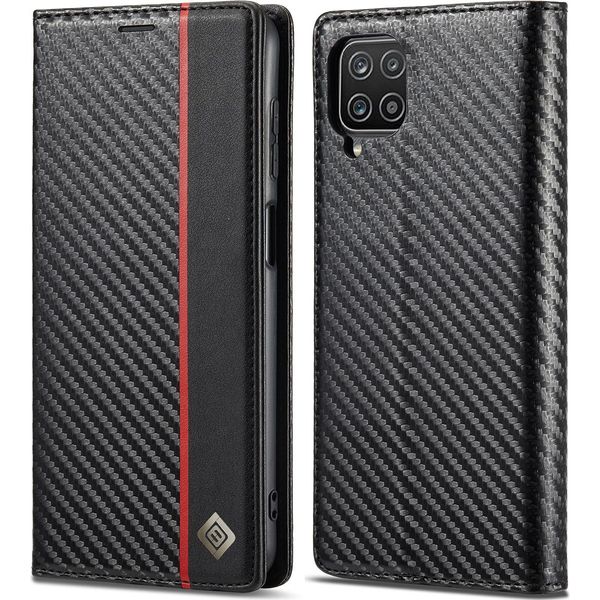 Custodia Per Samsung Galaxy A12 5G In Pelle Di Carbonio Con Portacarte, Magnete E Supporto Nero Verticale Rosso-image