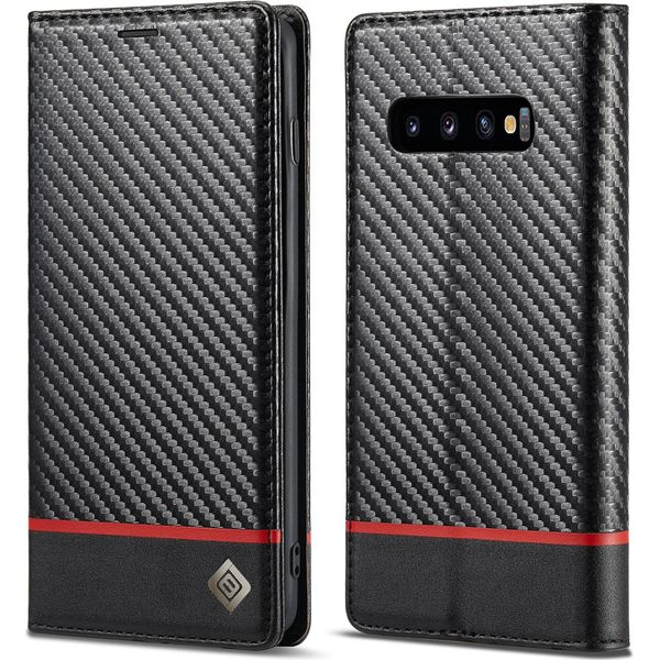 Custodia Per Samsung Galaxy S10 Plus Custodia In Pelle Di Carbonio Con Portacarte, Magnete E Supporto Nero Orizzontale Rosso-image