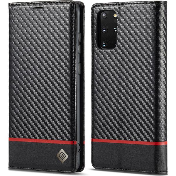 Custodia Per Samsung Galaxy S20 Fe Custodia In Pelle Di Carbonio Con Portacarte, Magnete E Supporto Nero Orizzontale Rosso-image