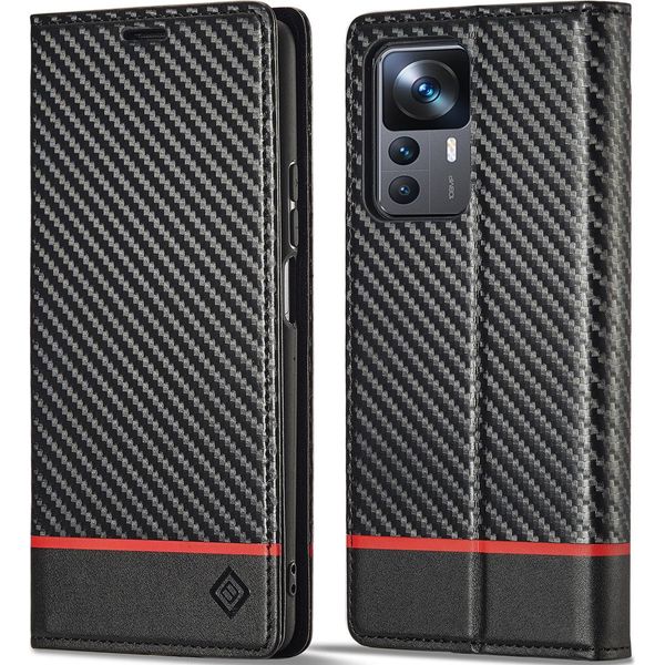 Custodia Per Xiaomi 12T / 12T Pro / Redmi K50 Ultra Carbon Leather Case Con Portacarte, Magnete E Supporto Nero Orizzontale Rosso-image