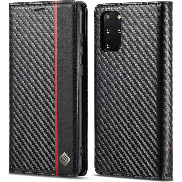 Custodia Per Samsung Galaxy S20 Plus Custodia In Pelle Di Carbonio Con Portacarte, Magnete E Supporto Nero Rosso Verticale-image