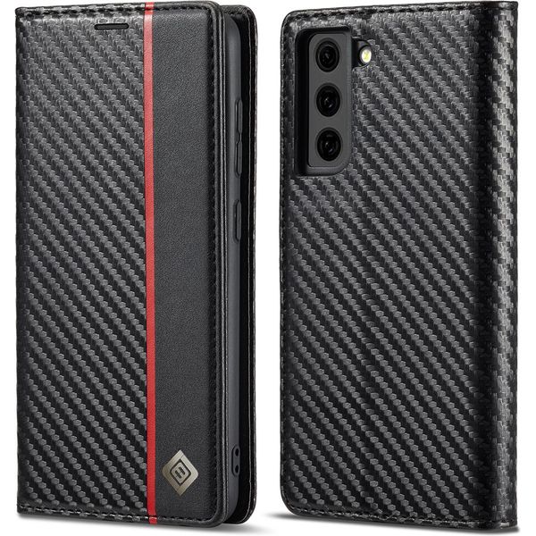 Custodia Per Samsung Galaxy S21 Fe 5G In Pelle Di Carbonio Con Portacarte, Magnete E Supporto Nero Verticale Rosso-image