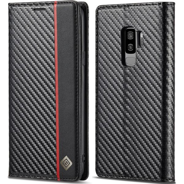 Custodia Per Samsung Galaxy S9 Custodia In Pelle Di Carbonio Con Portacarte, Magnete E Supporto Nero Rosso Verticale-image