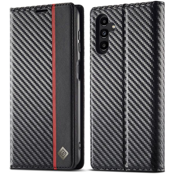 Custodia Per Samsung Galaxy S25 Custodia In Pelle Di Carbonio Con Portacarte, Magnete E Supporto Nero Rosso Verticale-image