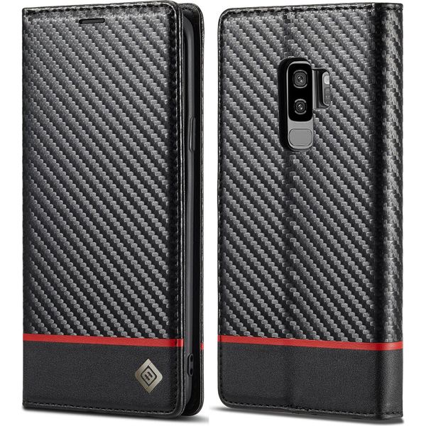 Custodia Per Samsung Galaxy S9 In Pelle Di Carbonio Con Portacarte, Magnete E Supporto Nero Orizzontale Rosso-image