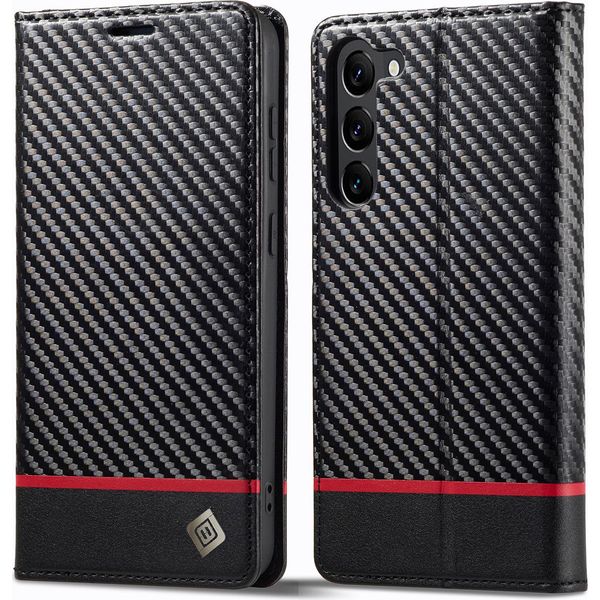 Custodia Per Samsung Galaxy S23 Custodia In Pelle Di Carbonio Con Portacarte, Magnete E Supporto Nero Orizzontale Rosso-image