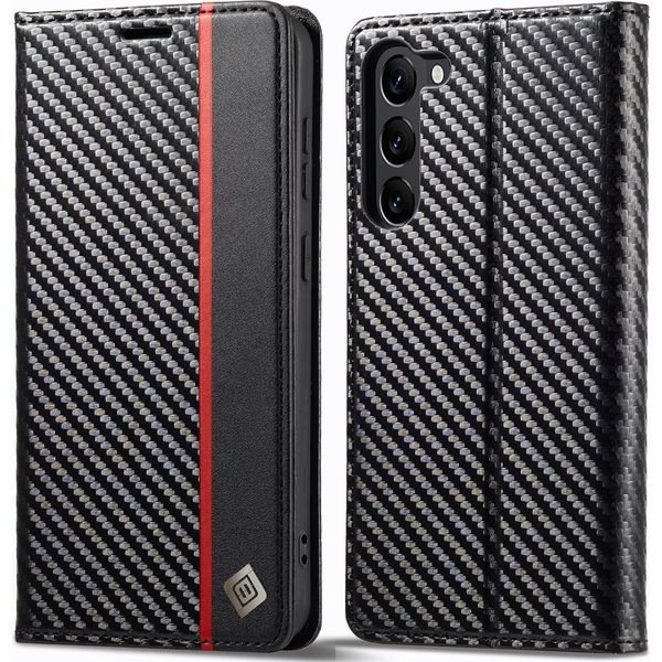 Custodia Per Samsung Galaxy S23 Custodia In Pelle Di Carbonio Con Portacarte, Magnete E Supporto Nero Rosso Verticale-image