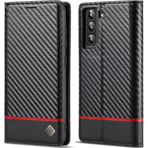 Custodia Per Samsung Galaxy S22 5G In Pelle Di Carbonio Con Portacarte, Magnete E Supporto Nero Orizzontale Rosso-image