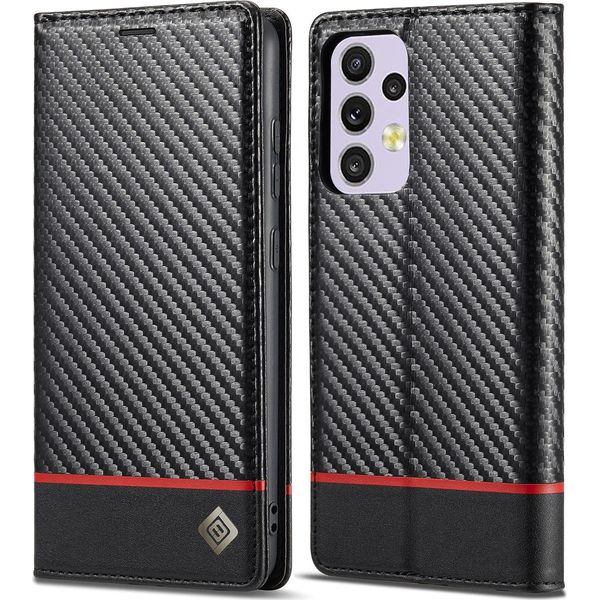Custodia Per Samsung Galaxy A33 5G In Pelle Di Carbonio Con Portacarte, Magnete E Supporto Nero Orizzontale Rosso-image
