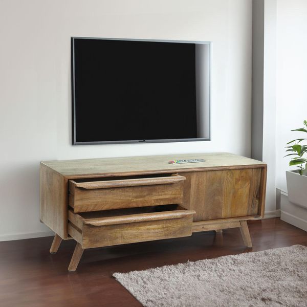 Porta Tv HWC-L96, Tavolino Tv Cassettiera, Cassettiera In Legno Massiccio Di Mango 46X110X35Cm Certificato Mvg-image