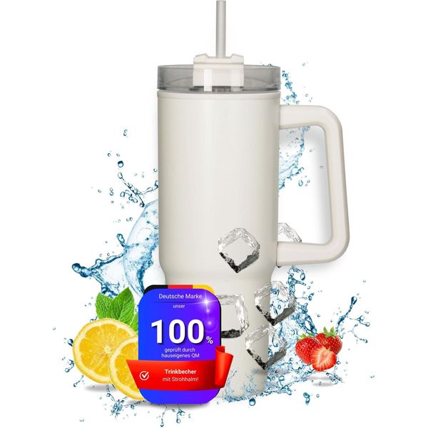 Tazza Sottovuoto "Tampa"" 800 Ml - Tazza Termica In Acciaio Inox Per Bevande Calde E Fredde - Borraccia Con Cannuccia E Manico - Borraccia Thermos Perfetta Per I Viaggi Bianco/Crema"-image