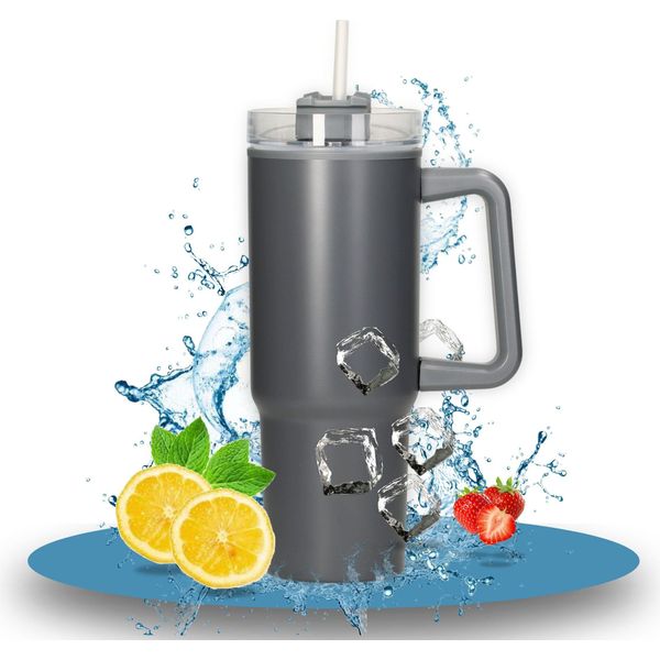 Tazza Sottovuoto "Tampa"" 800 Ml - Tazza Termica In Acciaio Inox Per Bevande Calde E Fredde - Borraccia Con Cannuccia E Manico - La Borraccia Thermos è Perfetta Per Gli Spostamenti Grigio/Crema"-image