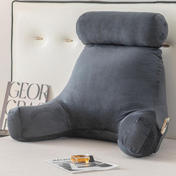 Cuscino Per Lo Schienale Da Lettura, Cuscino Per Lo Schienale Da Lettura Con Supporto Lombare, Cuscino Da Letto Per La Lettura Con Braccio, Tappetino Per Lo Schienale Lombare 65*85Cm, Velluto, Grigio Scuro-image