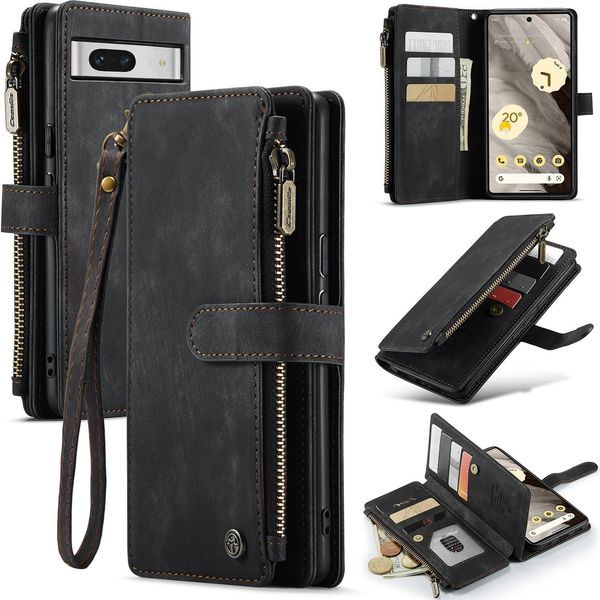 Custodia Google Pixel 7A, Custodia Protettiva In Pelle Flip Zip Stand Function Per Google Pixel 7A Nero-image
