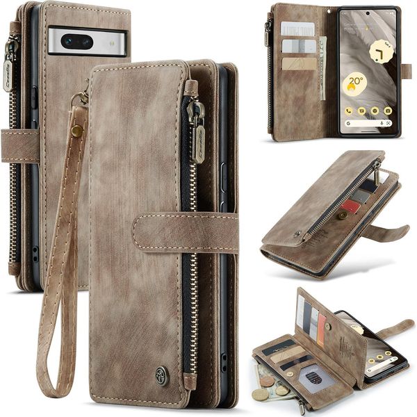 Custodia Google Pixel 7A, Custodia Protettiva In Pelle Flip Zip Stand Funzione Per Google Pixel 7A Marrone-image