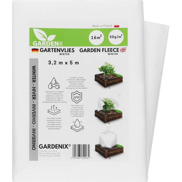 Gardenix® 16 M² Tessuto Non Tessuto Invernale Per Piante 50 G/M² - Protezione Invernale - Elevata Stabilizzazione Uv, Resistente Allo Strappo E Permeabile All'acqua (3,2 M X 5 M)-image