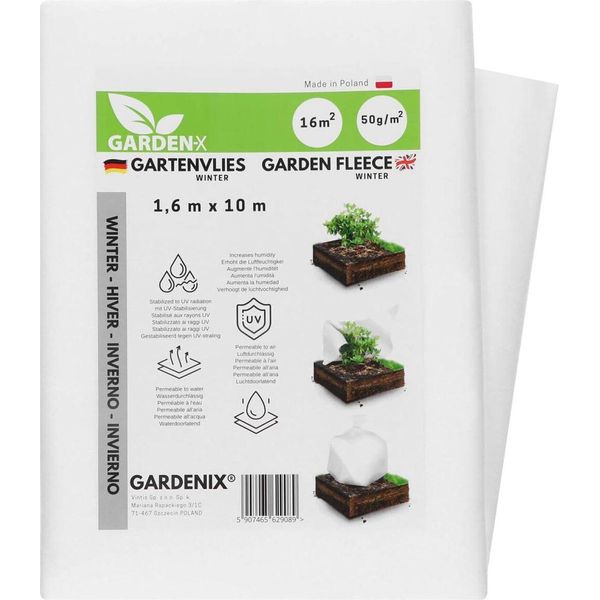 Gardenix® 16 M² Tessuto Non Tessuto Invernale Per Piante 50 G/M² - Protezione Invernale - Elevata Stabilizzazione Uv, Resistente Allo Strappo E Permeabile All'acqua (1,6 M X 10 M)-image