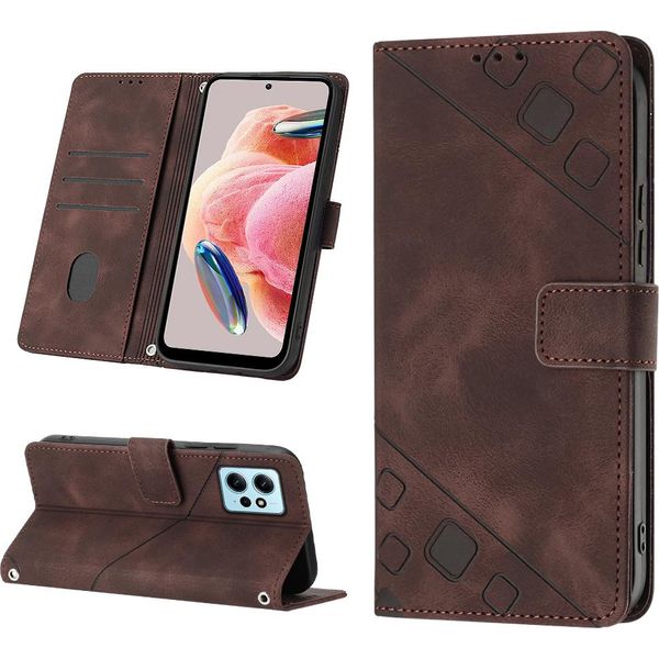 Custodia Per Xiaomi Redmi Note 12 4G In Rilievo Custodia A Portafoglio In Pelle Flip Con Funzione Stand Brown-image