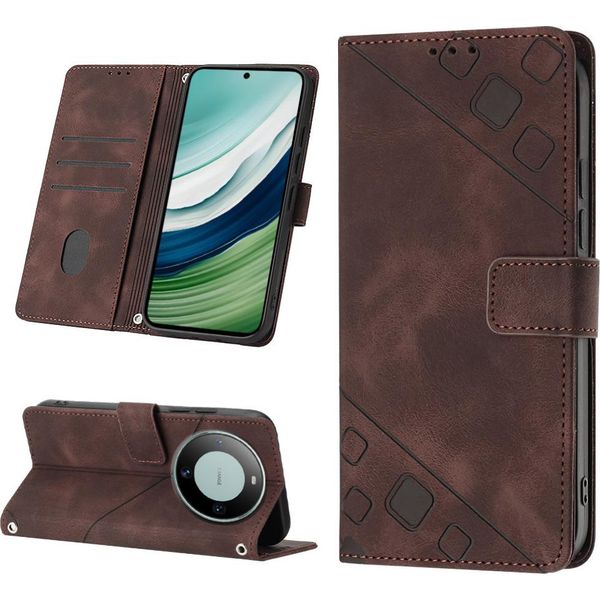 Custodia Per Huawei Mate 60 In Rilievo Custodia A Portafoglio In Pelle Flip Con Funzione Stand Marrone-image