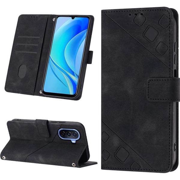 Custodia Per Huawei Nova Y70 Plus In Rilievo Custodia A Portafoglio In Pelle Flip Con Funzione Stand Nero-image