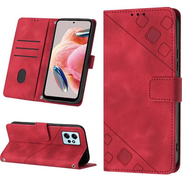 Custodia Per Xiaomi Redmi Note 12 4G In Rilievo Custodia A Portafoglio In Pelle Flip Con Funzione Stand Rosso-image