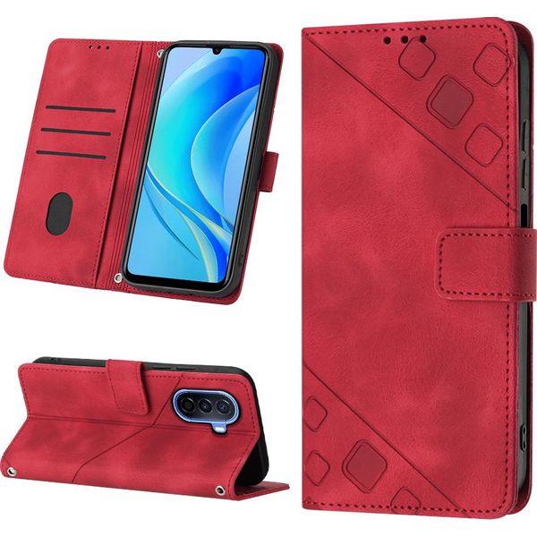 Custodia Per Huawei Nova Y70 Plus In Rilievo Custodia Portafoglio In Pelle Flip Con Funzione Stand Rosso-image