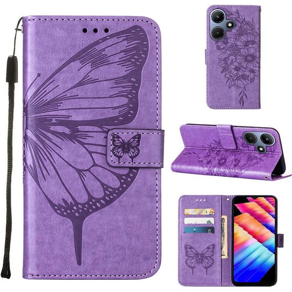 Custodia In Pelle Per Infinix Hot 30I X669 Farfalla In Rilievo Custodia In Pelle Flip Slot Per Schede Telefono Cellulare Con Supporto Viola-image