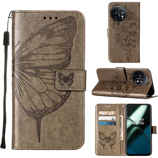 Custodia Per Oneplus 11 Butterfly Relief Custodia In Pelle Flip Con Slot Per Schede E Supporto Grigio-image