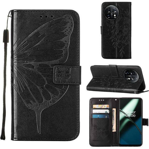 Custodia Per Oneplus 11 Butterfly Relief Custodia In Pelle Flip Con Slot Per Schede E Supporto Nero-image