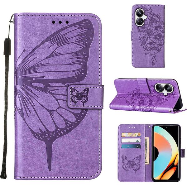 Custodia In Pelle Per Realme 10 Pro+ 5G Farfalla In Rilievo Custodia In Pelle Flip Slot Per Schede Telefono Cellulare Con Supporto Viola-image