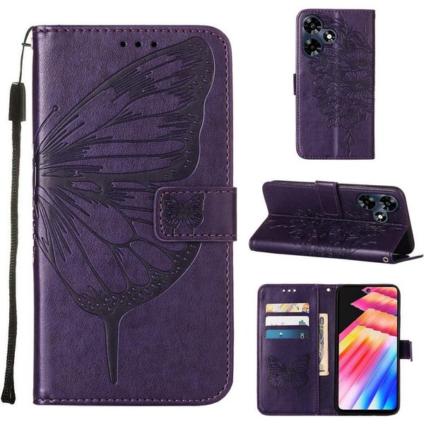 Custodia In Pelle Per Infinix Hot 30 4G X6831 Farfalla In Rilievo Custodia In Pelle Flip Slot Per Schede Telefono Cellulare Con Supporto Viola-image