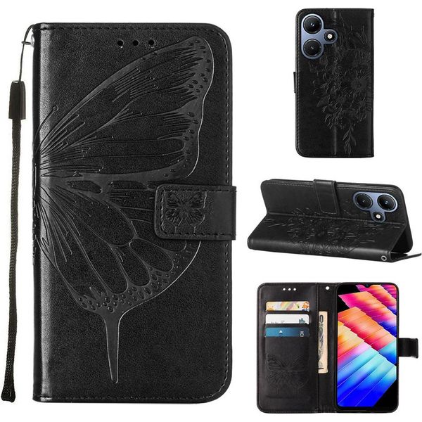Custodia In Pelle Per Infinix Hot 30I X669 Farfalla In Rilievo Custodia In Pelle Flip Slot Per Schede Telefono Cellulare Con Supporto Nero-image
