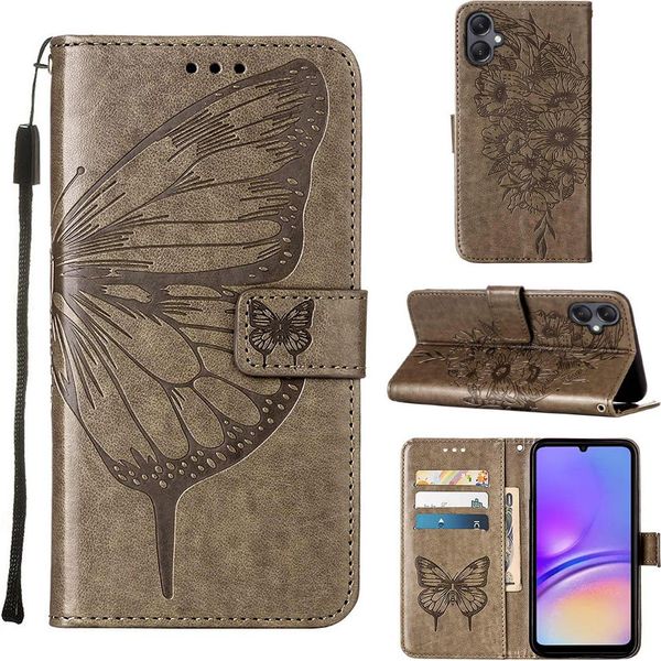 Custodia In Pelle Per Samsung Galaxy A05 Farfalla In Rilievo Custodia In Pelle Flip Slot Per Schede Telefono Cellulare Con Supporto Grigio-image