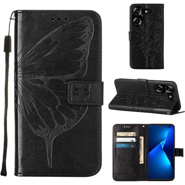 Custodia In Pelle Per Tecno Pova 5 LH7N Farfalla In Rilievo Flip Custodia In Pelle Slot Per Schede Telefono Cellulare Con Supporto Nero-image
