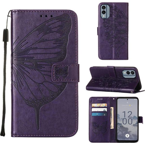 Custodia In Pelle Per Nokia X30 Farfalla In Rilievo Custodia In Pelle Flip Slot Per Schede Telefono Cellulare Con Supporto Viola-image