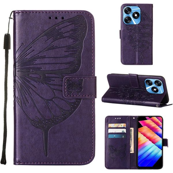 Custodia In Pelle Per Tecno Spark 10 4G Farfalla In Rilievo Custodia In Pelle Flip Slot Per Schede Telefono Cellulare Con Supporto Viola-image