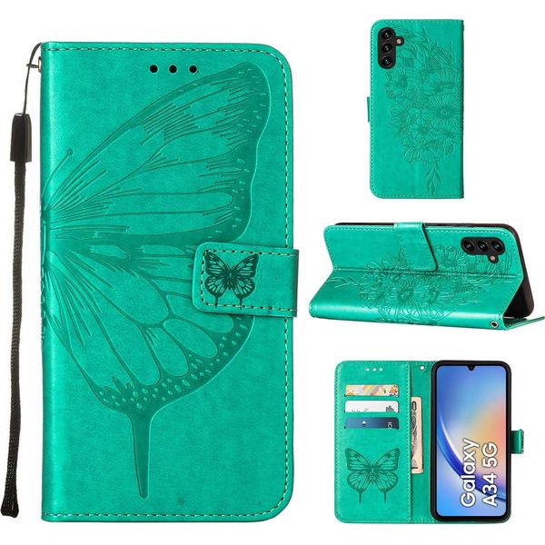 Custodia In Pelle Per Samsung Galaxy A34 Farfalla In Rilievo Custodia In Pelle Flip Slot Per Schede Telefono Cellulare Con Supporto Verde-image