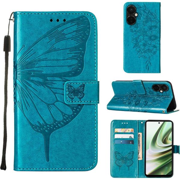 Custodia In Pelle Per Oneplus Nord CE3 Farfalla In Rilievo Custodia In Pelle Flip Slot Per Schede Per Telefoni Cellulari Con Supporto Blu-image