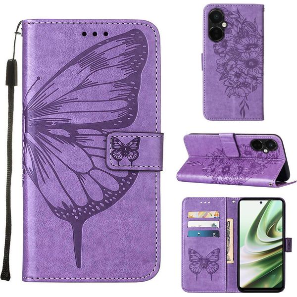 Custodia In Pelle Per Oneplus Nord CE3 Farfalla In Rilievo Flip Custodia In Pelle Slot Per Schede Del Telefono Cellulare Con Supporto Viola-image