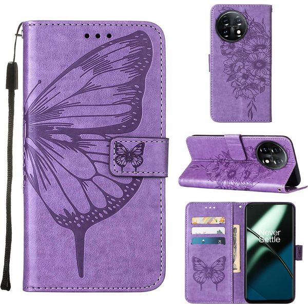 Custodia Per Oneplus 11 Butterfly Relief Custodia In Pelle Flip Con Slot Per Schede E Supporto Viola-image